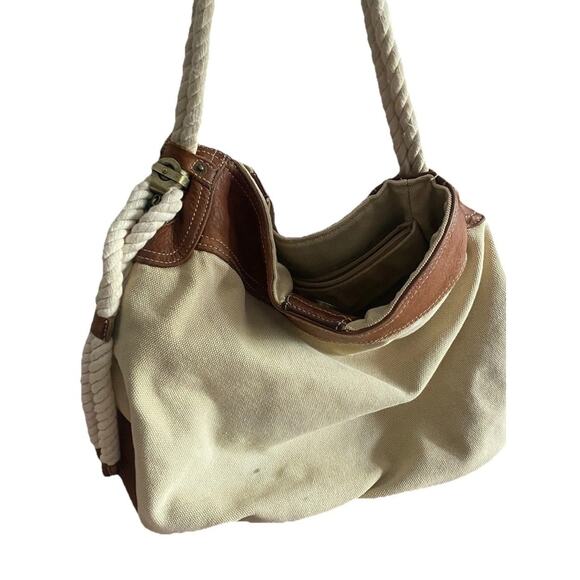 Vtg GAP Jeans Canvas Bucket Bag Tote Rope Cream Brown Leather Y2K 90s Hobo Purse - Picture 6 of 16